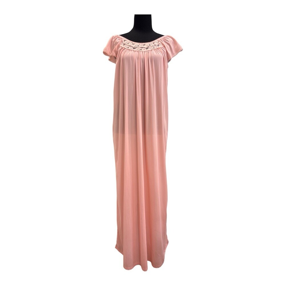 Vintage Pink Nightgown Nylon Lace Trim Short Sleeve Size M